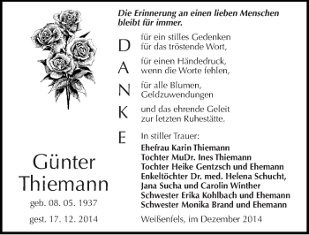 Traueranzeige von Günter Thiemann von Mitteldeutsche Zeitung Weißenfels