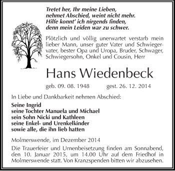 Traueranzeige von Hans Wiedenbeck von Mitteldeutsche Zeitung