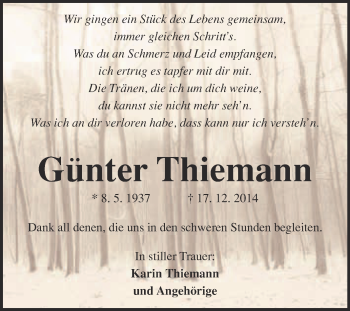 Traueranzeige von Günter Thiemann von WVG - Wochenspiegel NMB / WSF / ZTZ