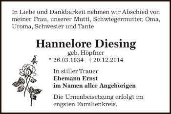 Traueranzeige von Hannelore Diesing von Super Sonntag Bernburg