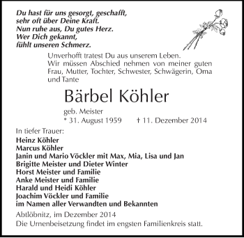 Traueranzeige von Bärbel Köhler von Mitteldeutsche Zeitung Naumburg/Nebra