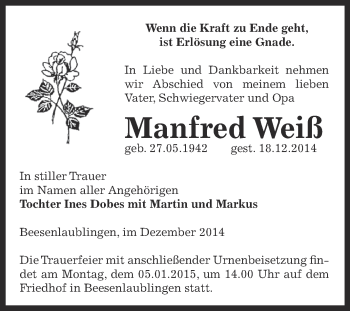 Traueranzeige von Manfred Weiß von Super Sonntag Bernburg