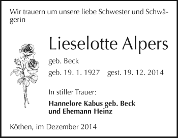 Traueranzeige von Lieselotte Alpers von WVG - Wochenspiegel Dessau / Köthen
