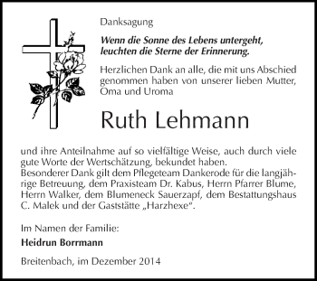 Traueranzeige von Ruth Lehmann von Super Sonntag SGH Mansf. Land