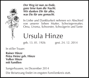 Traueranzeige von Ursula Hinze von Mitteldeutsche Zeitung Sangerhausen