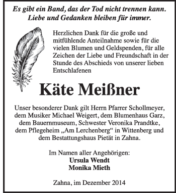 Traueranzeige von Käte Meißner von Super Sonntag Wittenberg