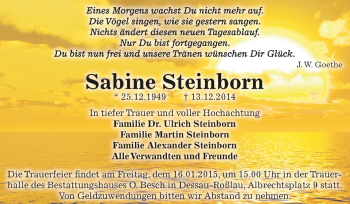 Traueranzeige von Sabine Steinborn von WVG - Wochenspiegel Dessau / Köthen