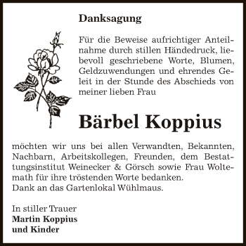 Traueranzeige von Bärbel Koppius von Super Sonntag Bernburg