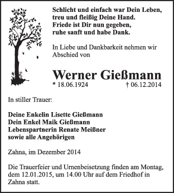 Traueranzeige von Werner Gießmann von Super Sonntag Wittenberg