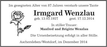 Traueranzeige von Irmgard Wenzlau von WVG - Wochenspiegel Aschersleben