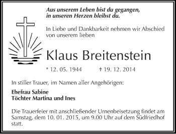 Traueranzeige von Klaus Breitenstein von Mitteldeutsche Zeitung Halle/Saalkreis