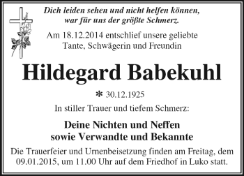 Traueranzeige von Hildegard Babekuhl von WVG - Wochenspiegel Dessau / Köthen