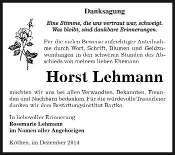 Traueranzeige von Horst Lehmann von WVG - Wochenspiegel Dessau / Köthen