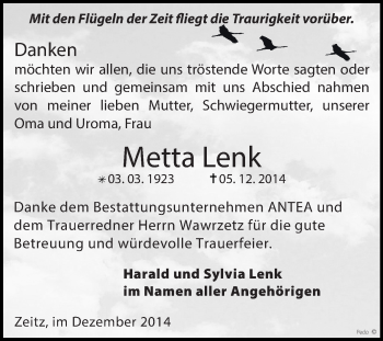 Traueranzeige von Metta Lenk von Super Sonntag Zeitz