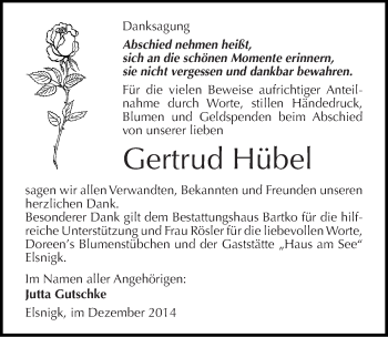 Traueranzeige von Gertrud Hübel von Mitteldeutsche Zeitung Köthen