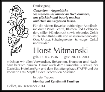 Traueranzeige von Horst Mitmanski von Mitteldeutsche Zeitung Mansfelder Land