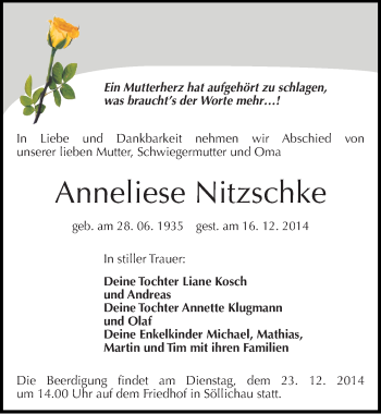 Traueranzeige von Anneliese Nitzschke von Mitteldeutsche Zeitung Wittenberg