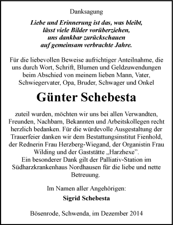 Traueranzeige von Günter Schebesta von Mitteldeutsche Zeitung Sangerhausen