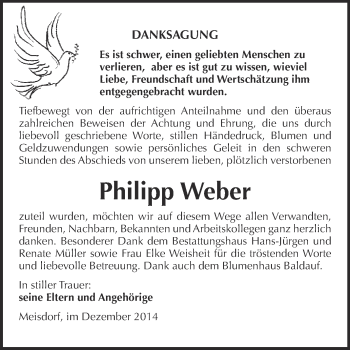 Traueranzeige von Philipp Weber von WVG - Wochenspiegel Aschersleben