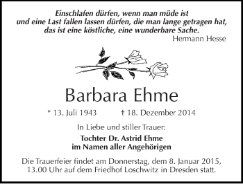 Traueranzeige von Barbara Ehme von Mitteldeutsche Zeitung Weißenfels