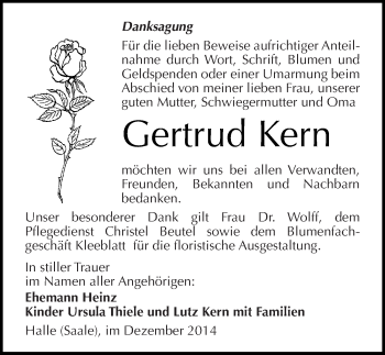 Traueranzeige von Gertrud Kern von Mitteldeutsche Zeitung Halle/Saalkreis