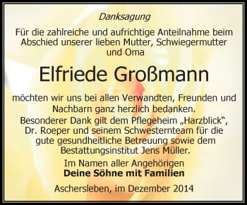 Traueranzeige von Elfriede Großmann von WVG - Wochenspiegel Aschersleben