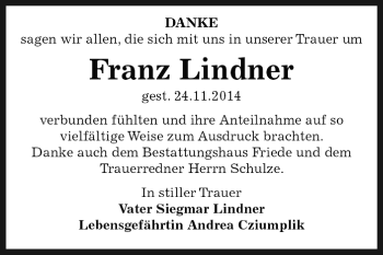 Traueranzeige von Franz Lindner von WVG - Wochenspiegel Dessau / Köthen