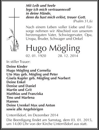 Traueranzeige von Hugo Mögling von Mitteldeutsche Zeitung Mansfelder Land