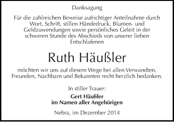 Traueranzeige von Ruth Häußler von Mitteldeutsche Zeitung Naumburg/Nebra