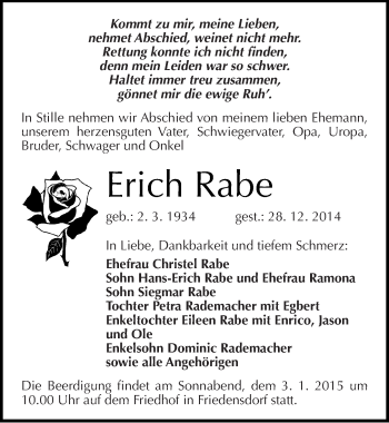 Traueranzeige von Erich Rabe von Mitteldeutsche Zeitung Merseburg/Querfurt