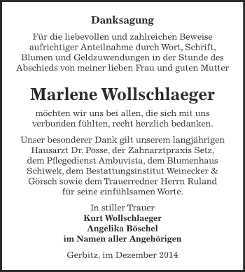 Traueranzeige von Marlene Wollschlaeger von Super Sonntag Bernburg