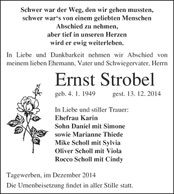 Traueranzeige von Ernst Strobel von Super Sonntag Merseburg