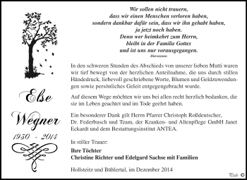 Traueranzeige von Else Wegner von Super Sonntag Zeitz