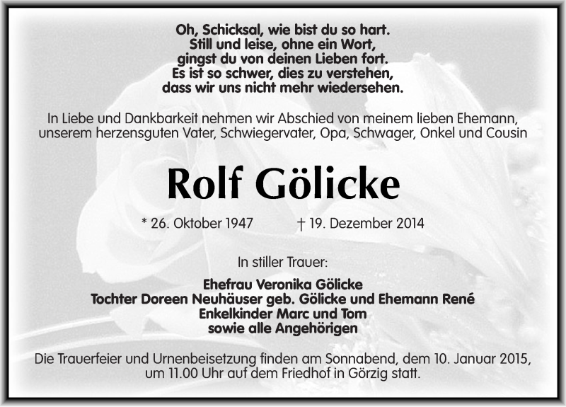  Traueranzeige für Rolf Gölicke vom 27.12.2014 aus Mitteldeutsche Zeitung Köthen