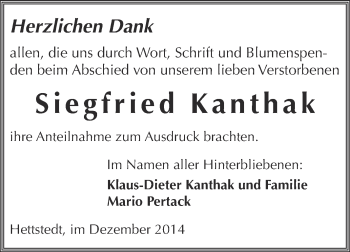 Traueranzeige von Siegfried Kanthak von Wochenspiegel Mansfelder Land