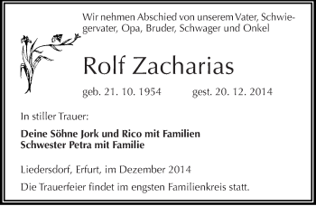 Traueranzeige von Rolf Zacharias von Mitteldeutsche Zeitung Sangerhausen