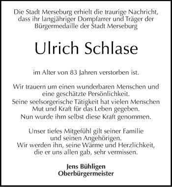 Traueranzeige von Ulrich Schlase von Mitteldeutsche Zeitung Merseburg/Querfurt