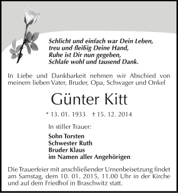 Traueranzeige von Günter Kitt von Mitteldeutsche Zeitung Halle/Saalkreis