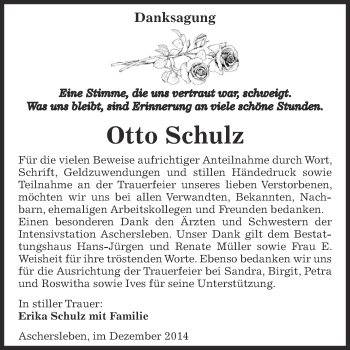 Traueranzeige von Otto Schulz von WVG - Wochenspiegel Aschersleben