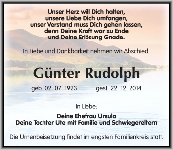 Traueranzeige von Günter Rudolph von Mitteldeutsche Zeitung Weißenfels