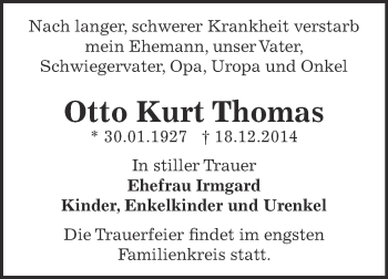 Traueranzeige von Otto Kurt Thomas von Super Sonntag Bernburg