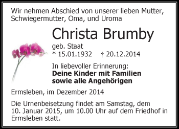 Traueranzeige von Christa Brumby von WVG - Wochenspiegel Aschersleben
