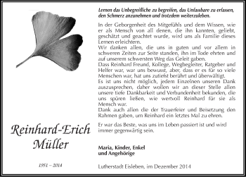 Traueranzeige von Reinhard-Erich Müller von Mitteldeutsche Zeitung Mansfelder Land