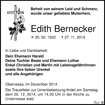 Traueranzeige von Edith Bernecker von WVG - Wochenspiegel NMB / WSF / ZTZ