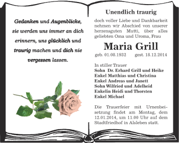 Traueranzeige von Maria Grill von Super Sonntag Bernburg