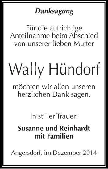 Traueranzeige von Wally Hündorf von Mitteldeutsche Zeitung Halle/Saalkreis