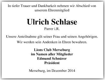 Traueranzeige von Ulrich Schlase von Mitteldeutsche Zeitung Merseburg/Querfurt