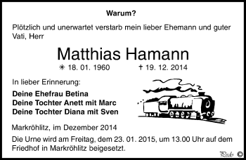 Traueranzeige von Matthias Hamann von Mitteldeutsche Zeitung Weißenfels