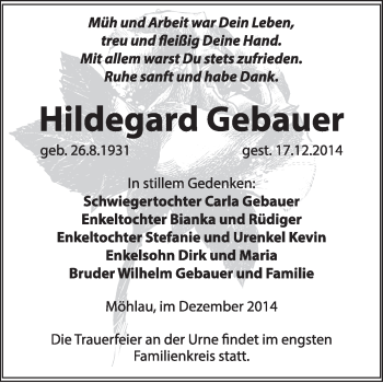 Traueranzeige von Hildegard Gebauer von WVG - Wochenspiegel Wittenberg