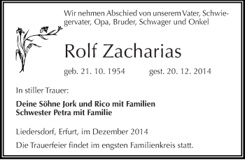 Traueranzeige von Rolf Zacharias von Super Sonntag SGH Mansf. Land